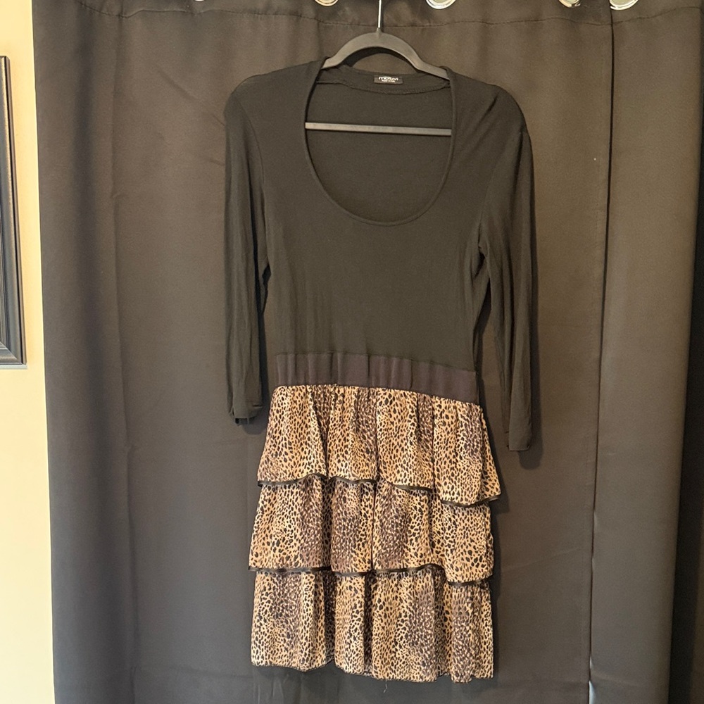 Motivi Black and Leopard Print Long Sleeve Dress